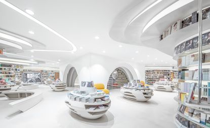 Inside the glossy white Zhongshu Bookstore, by Wutopia Lab, Xi'an