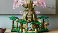 Lego Great Deku Tree set and minifigures on a wooden mantle