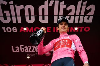 CRANSMONTANA SWITZERLAND MAY 19 Geraint Thomas of The United Kingdom and Team INEOS Grenadiers Pink Leader Jersey celebrates at podium during the 106th Giro dItalia 2023 Stage 13 a 75km stage from Le Chable to CransMontana Valais 1456m Stage shortened due to the adverse weather conditions UCIWT on May 19 2023 in CransMontana Switzerland Photo by Stuart FranklinGetty Images