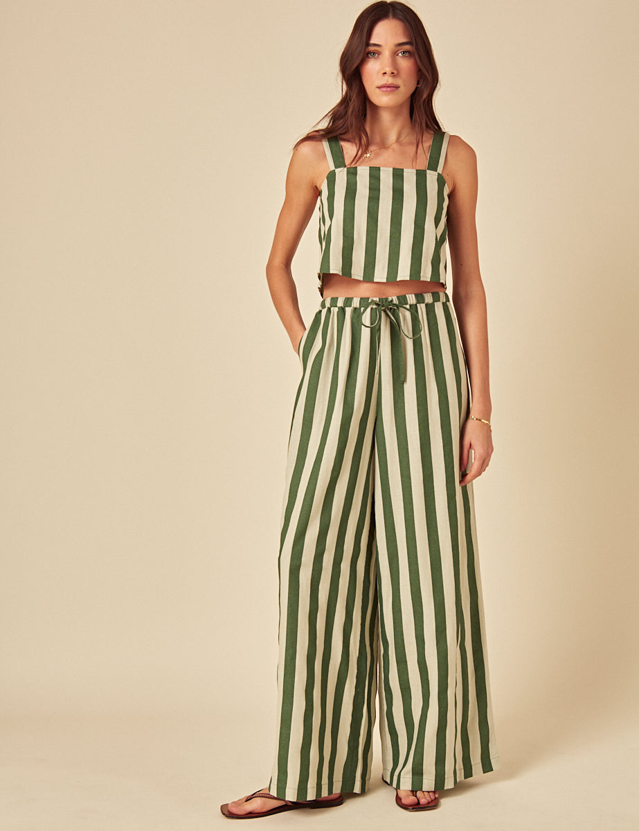 Green Linen-Blend Striped Trousers