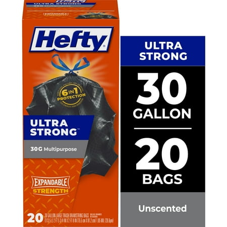 Hefty Ultra Strong Multipurpose Large Trash Bags, Black, Unscented, 30 Gallon, 20 Count