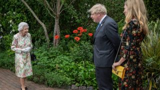 British Prime Minister Boris Johnson, wife Carrie Johnson, Queen Elizabeth II, Prince William, Duke of Cambridge and Catherine, Duchess of Cambridge arrive at a drinks reception for Queen Elizabeth II and G7 leaders at The Eden Project during the G7 Summit on June 11, 2021 in St Austell, Cornwall, England.