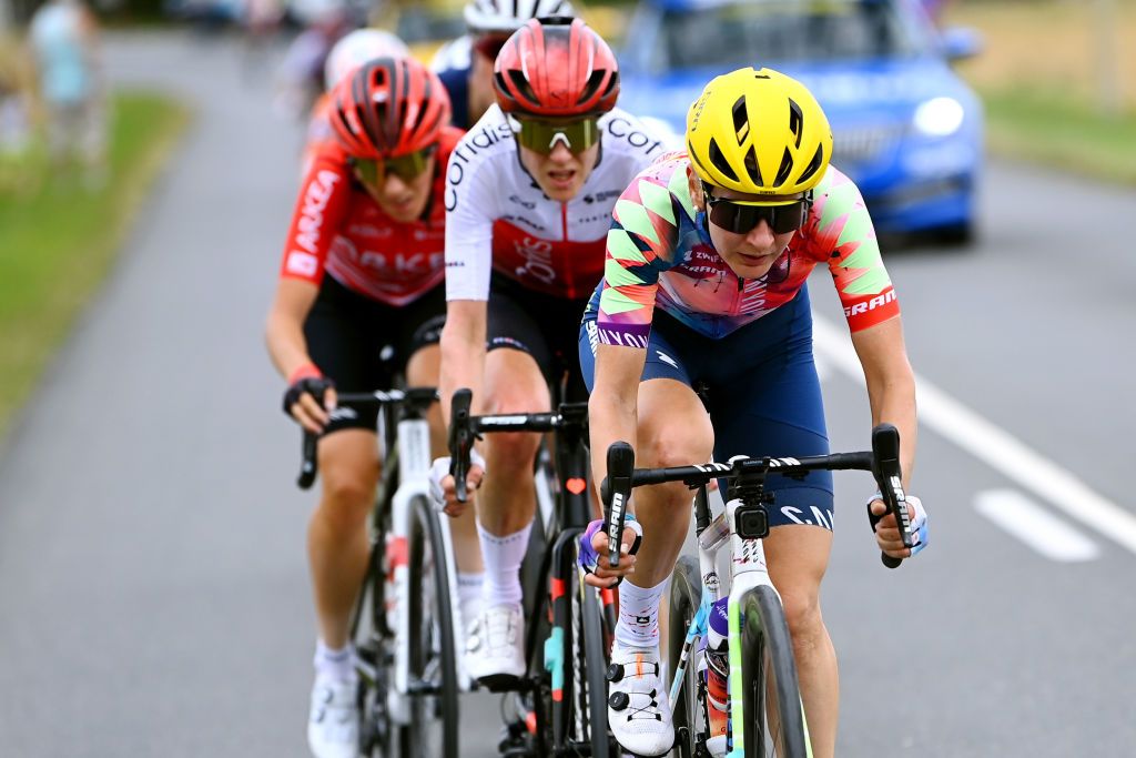 PROVINS FRANCE JULY 25 Alena Amialiusik of Belarus and Team CanyonSRAM Racing competes in the breakaway during the 1st Tour de France Femmes 2022 Stage 2 a 1364km stage from Meaux to Provins TDFF UCIWWT on July 25 2022 in Provins France Photo by Tim de WaeleGetty Images