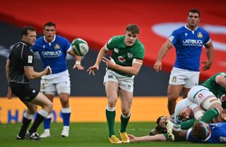 Garry Ringrose of Ireland makes it out of the scrum against Italy in the Six Nations match in Dublin.