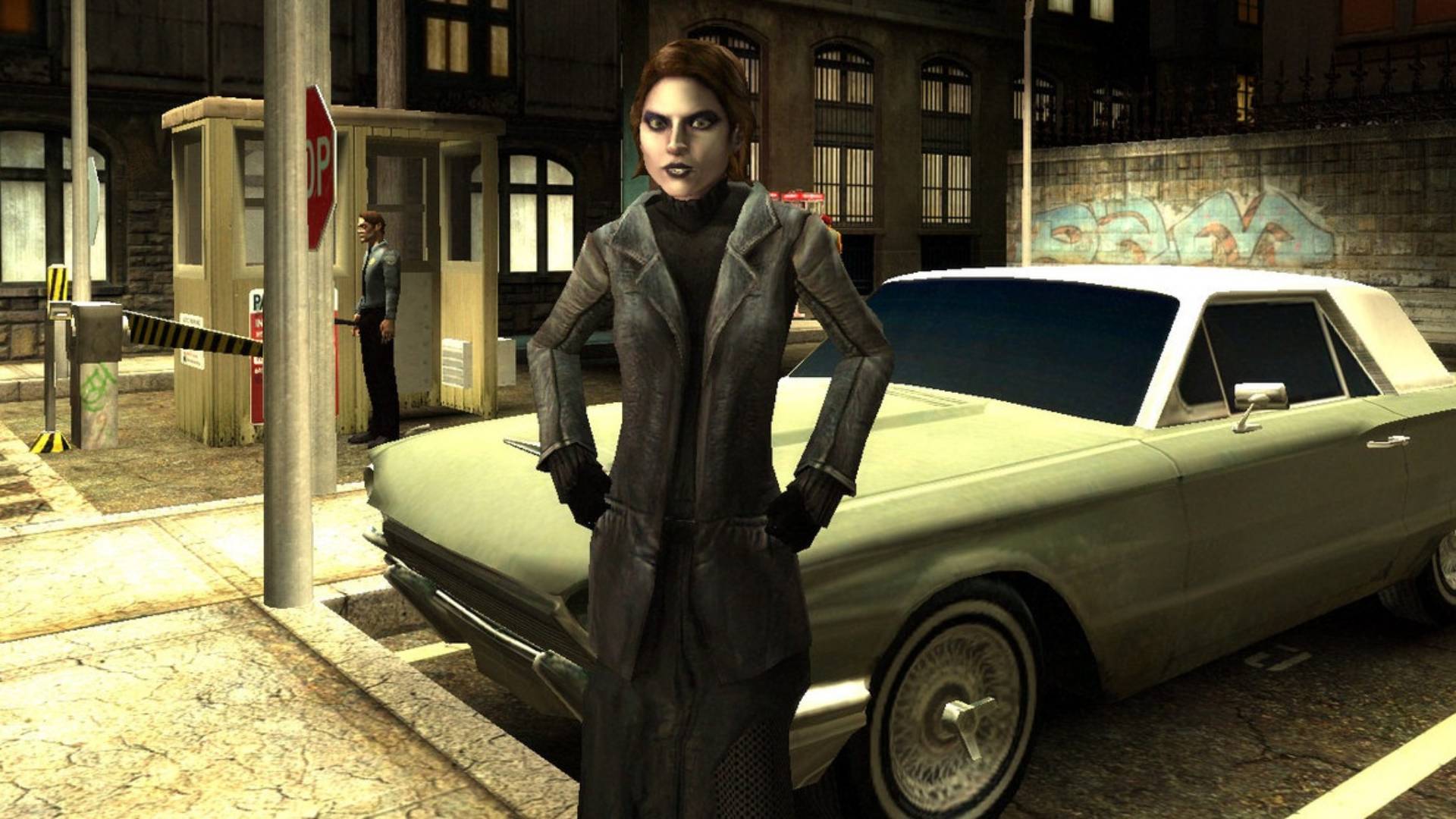 In Vampire: The Masquerade - Bloodlines 2 a woman in a dark trench coat stands before a car with her hands on her hips, looking at the player-character