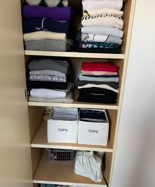 Clothes arranged on shelves