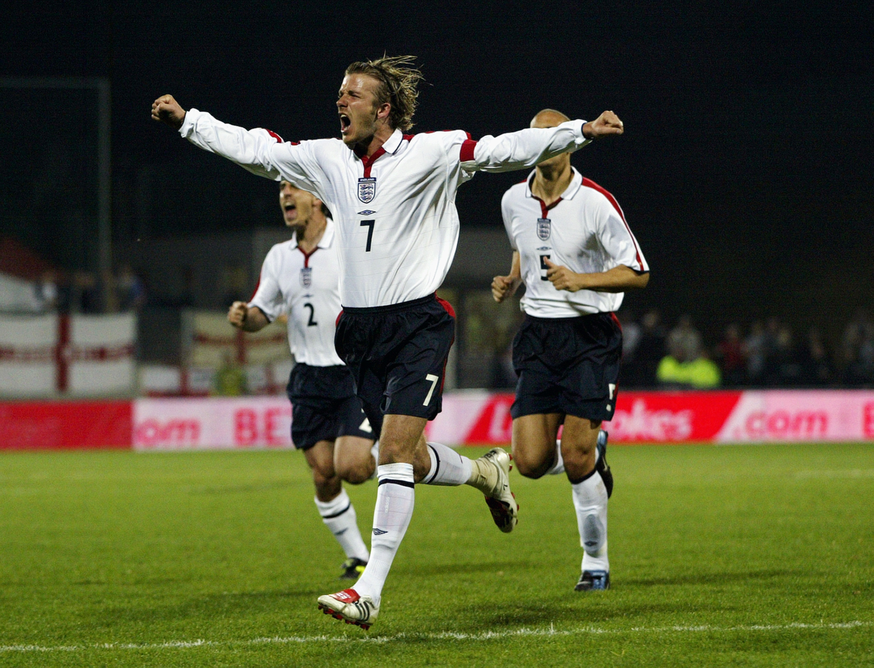 David Beckham celebrates after scoring for England against Liechtenstein in Euro 2004 qualifying in March 2003.