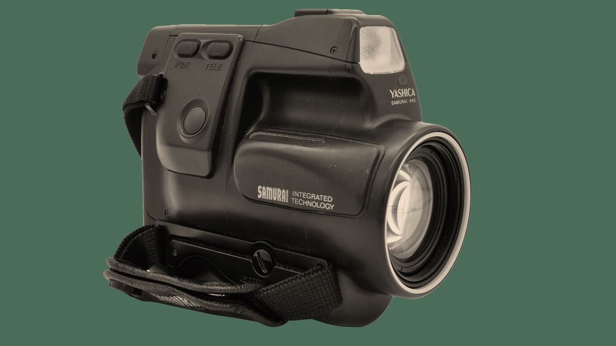 The front of the Kyocera Samurai camera on a green background