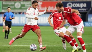 Rio Ngumoha #73 of Liverpool FC scores the team's first goal during the second half of the pre-season friendly against Wrexham AFC at Yankee Stadium on July 29, 2026 in New York City.