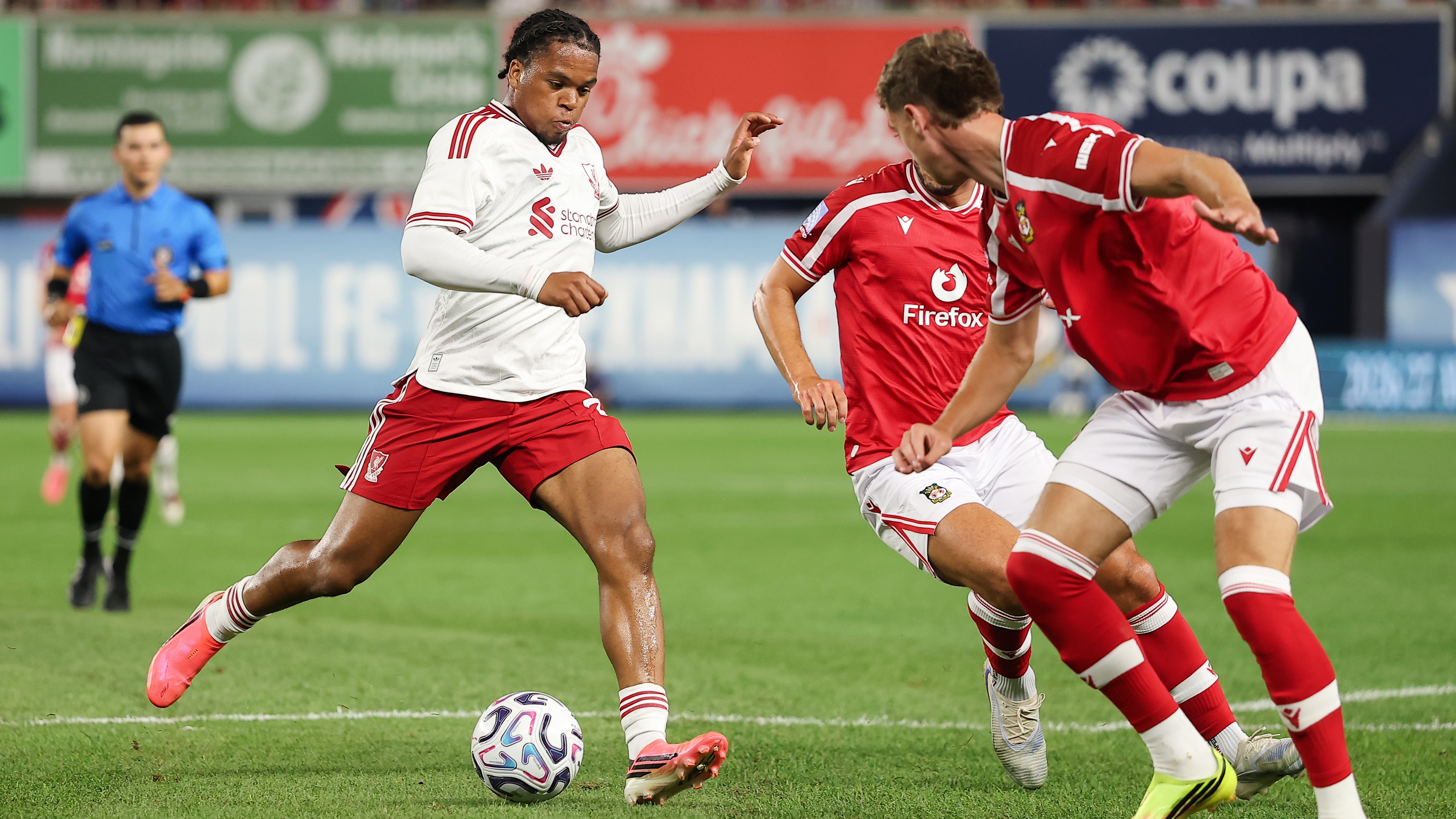 Rio Ngumoha #73 of Liverpool FC scores the team's first goal during the second half of the pre-season friendly against Wrexham AFC at Yankee Stadium on July 29, 2026 in New York City.