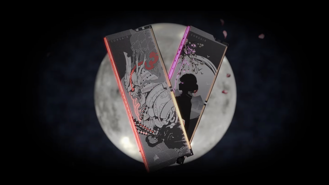 Corsair Shugo micro-drilled LED RAM, in front of a moon, with blossoms falling next to it.