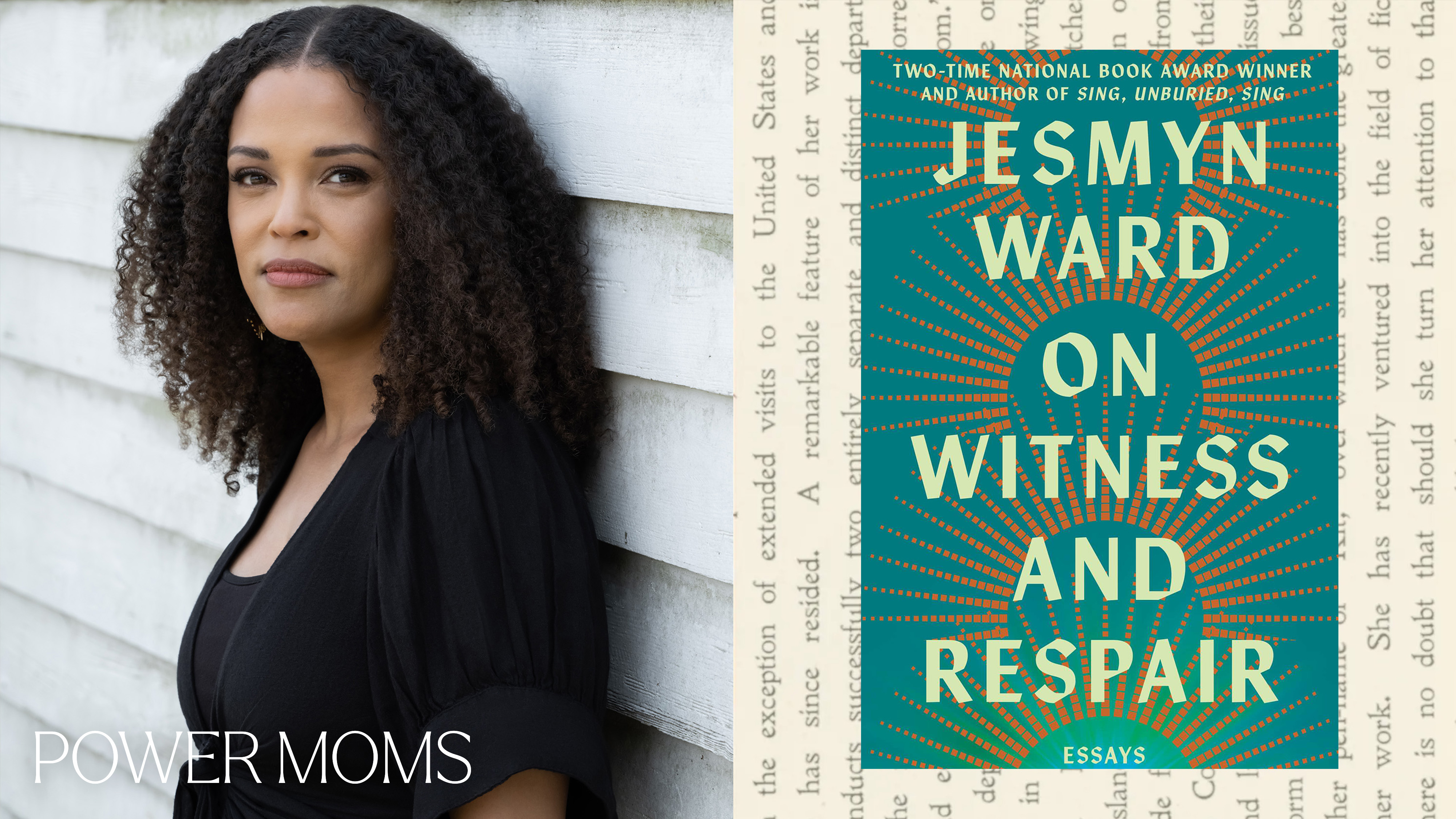 an image of author Jesmyn Ward wearing a black top and smiling looking at the camera opposite the cover of her memoir on witness and respair