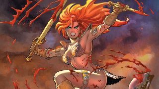 Dynamite Comics artwork of Red Sonja fighting with sword