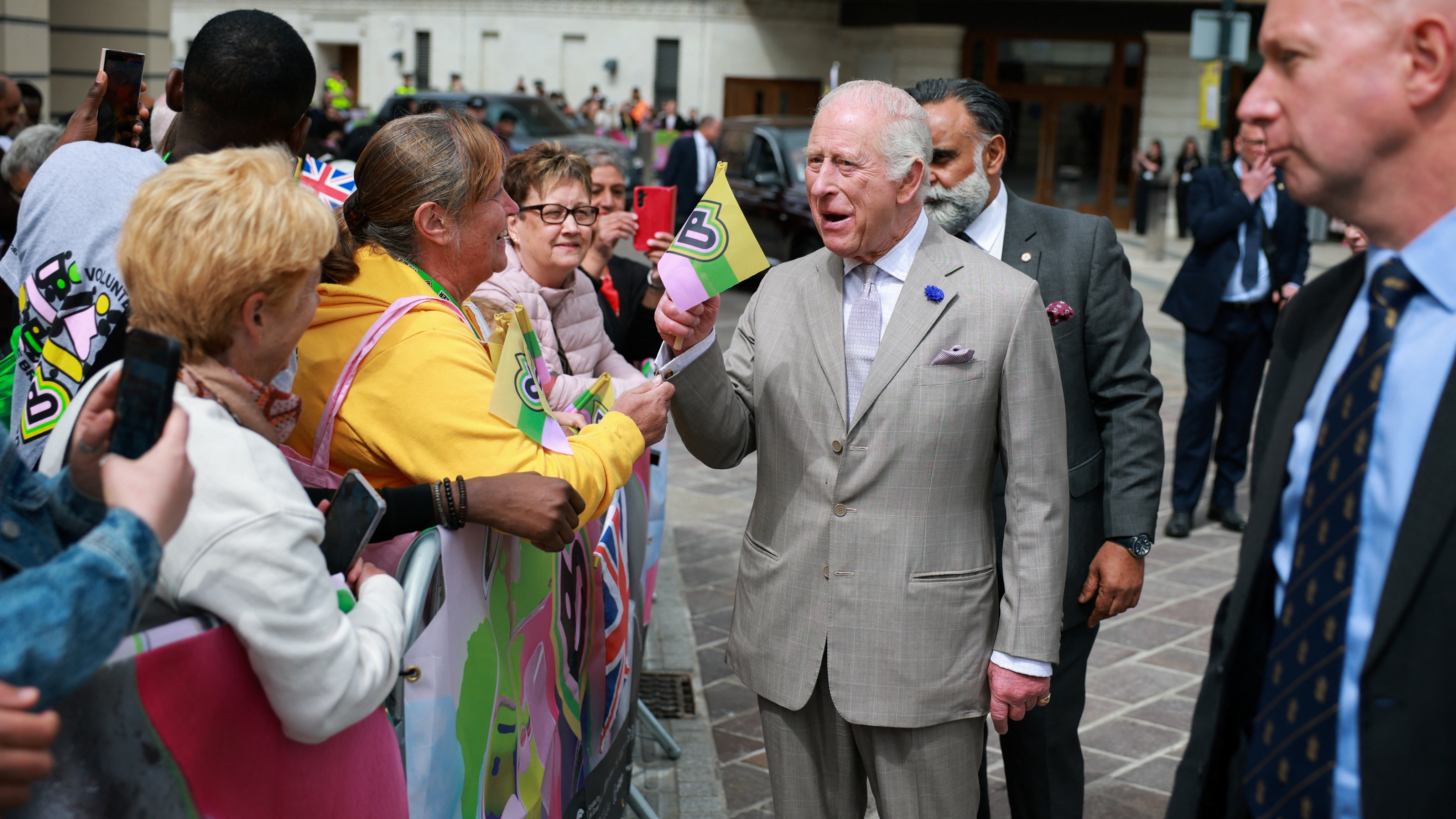 King Charles III greets people during a visit to Bradford to celebrate the city's year as UK City of Culture on May 15, 2025