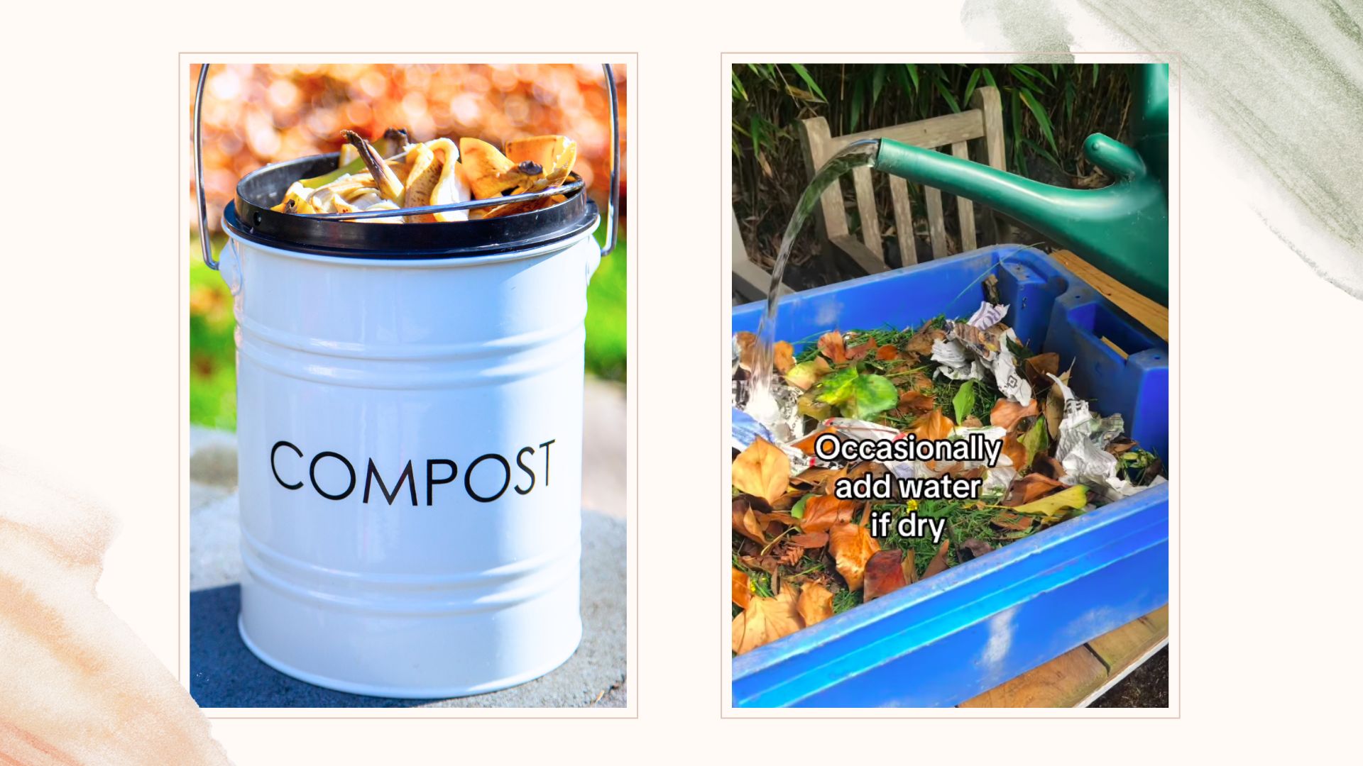 composite of small compost bin and a screenshot of compost method from expert