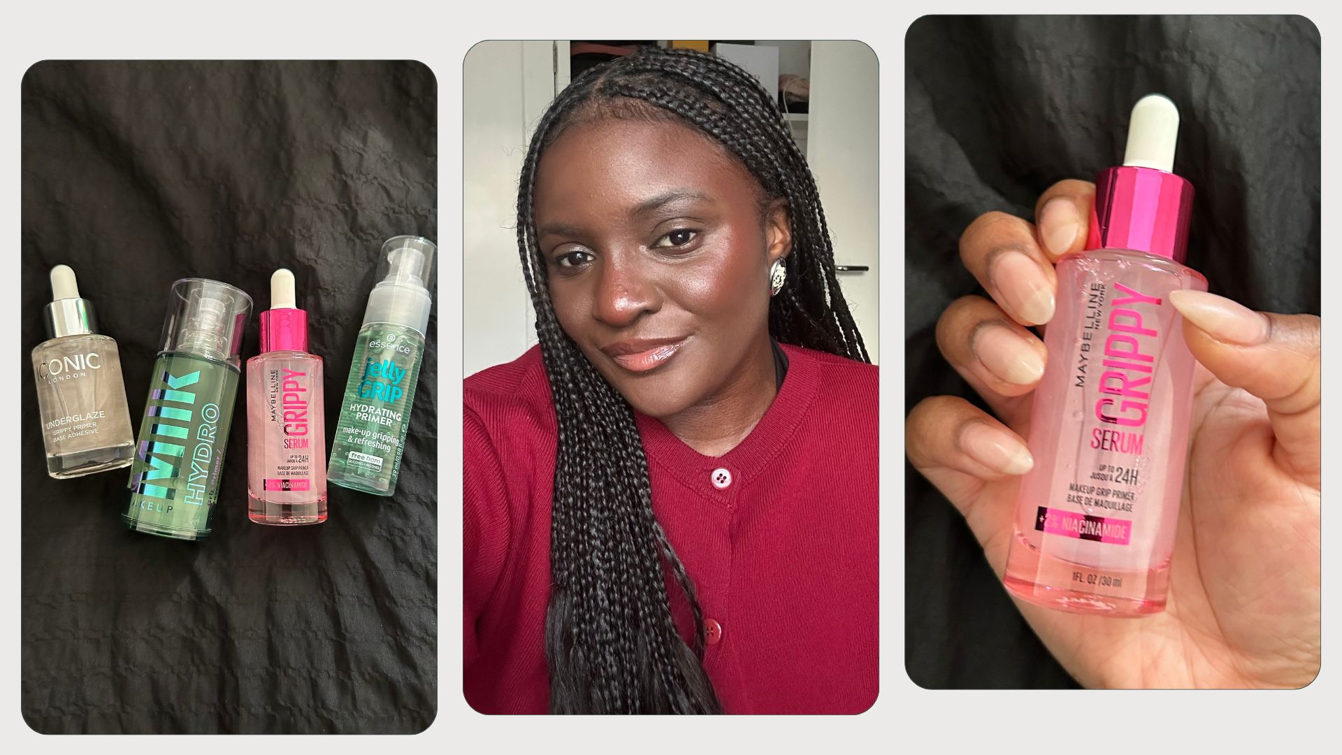 a close-up shot of Iconic London's Underglaze Grippy Primer, Milk Makeup's Hydro Grip Primer, Maybelline's the Grippy Serum Primer, and essence's Jelly Grip Hydrating Primer