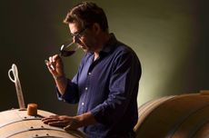 Tim Manning at Fabbrica Pienza smelling glass of wine in cellar