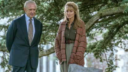 prince charles and penny at a grave in the crown on netflix