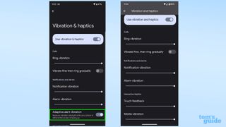 Two screenshots, one from a Pixel 7a (left) showing the Adaptive alert vibration setting, and the other from a Pixel 6 Pro, with that option missing from the same menu