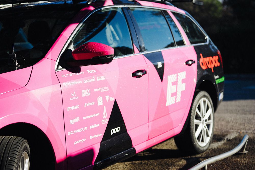 The EF Education First-Drapac team car will stand out in the convoy