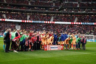 Atletico Madrid and Athletic Club players pose for a photo ahead of their LaLiga match at the Metropolitano in February 2023 as the Madrid side gives thanks to the Basque outfit for its role in their formation to mark the club's 120th anniversary.