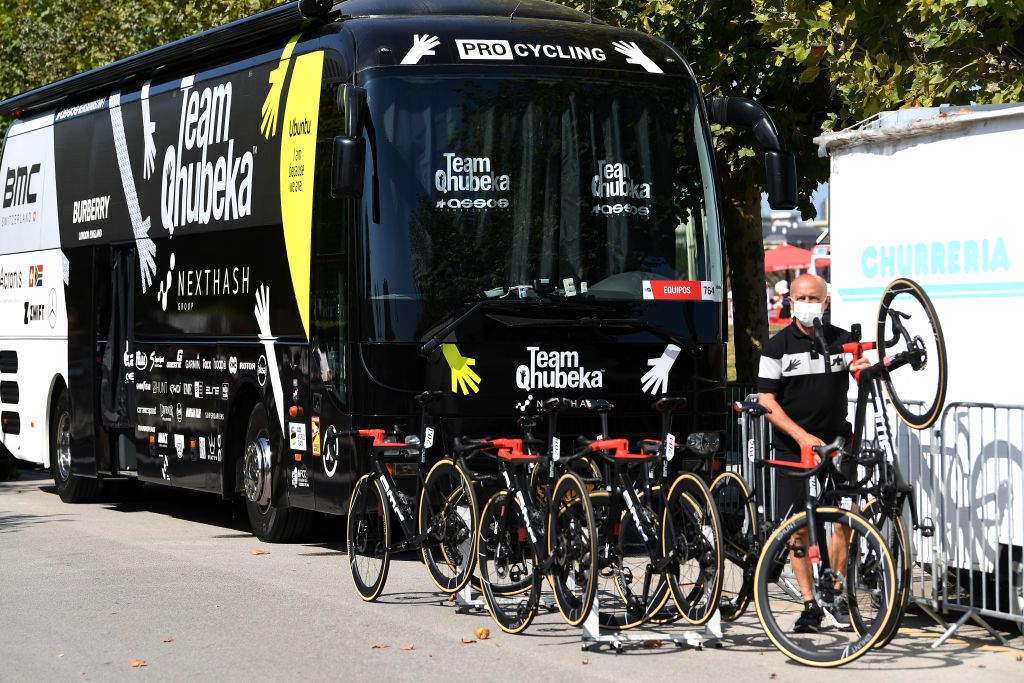 SANTA CRUZ DE BEZANA SPAIN AUGUST 31 Team Qhubeka Nexthash bus and bikes prior to the 76th Tour of Spain 2021 Stage 16 a 180km stage from Laredo to Santa Cruz de Bezana lavuelta LaVuelta21 on August 31 2021 in Santa Cruz de Bezana Spain Photo by Tim de WaeleGetty Images