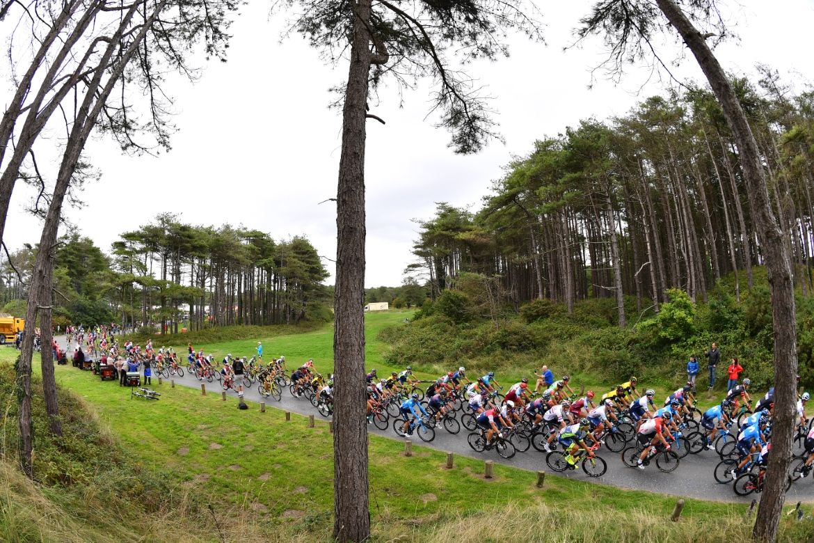The peloton in the early phase of the race