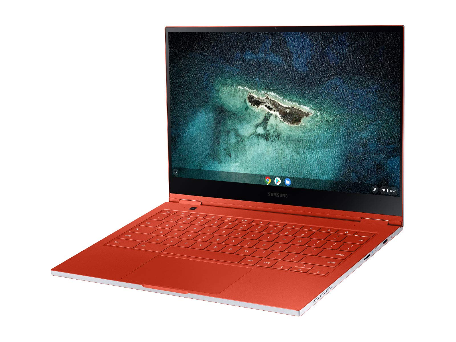Samsung Galaxy Chromebook красного цвета на белом фоне