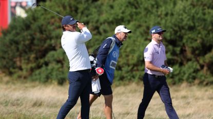 Brooks Koepka and Zach Johnson playing a practice round together ahead of the 151st Open Championship at Royal Liverpool Golf Club
