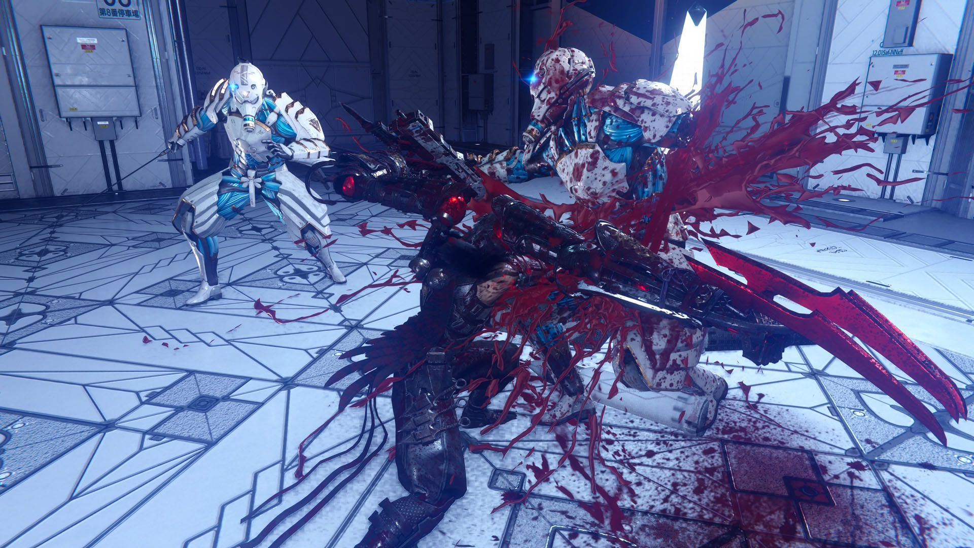 Yakumo finishes off a DDO soldier with a brutal finishing move, with heaps of blood and gore