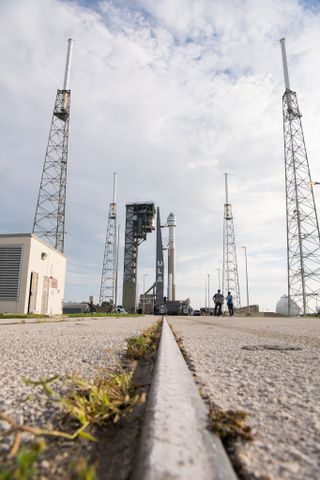 Boeing's Starliner capsule and its United Launch Alliance Atlas V rocket on the move toward their pad at Cape Canaveral Space Force Station on Aug. 2, 2021.