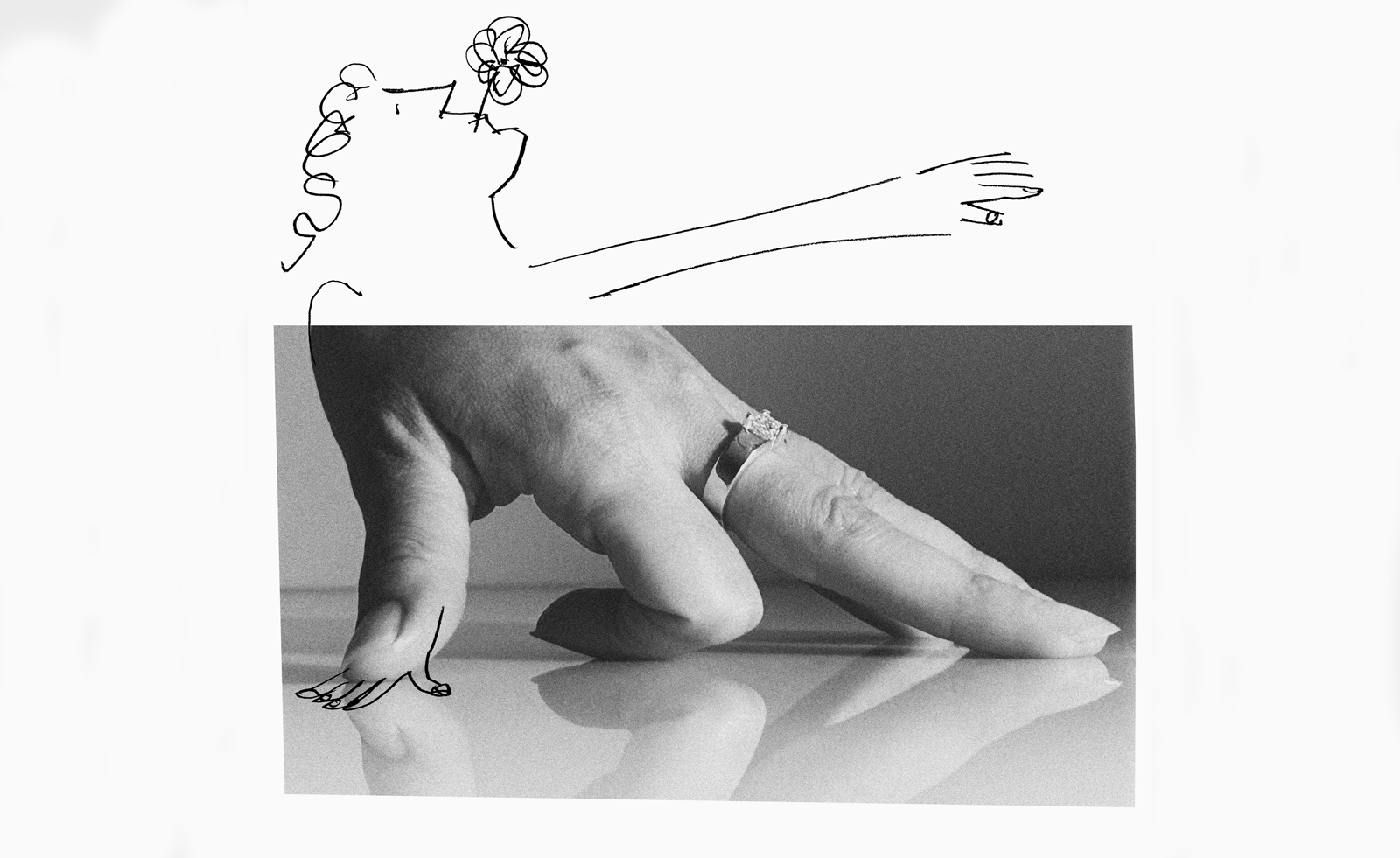 diamond rings in black and white, against the backdrop of pencil drawings of people