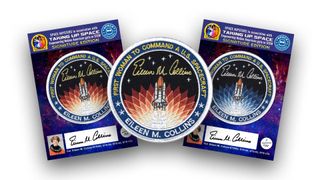 three circular patches showing a space shuttle launching and featuring the name "eileen collins"