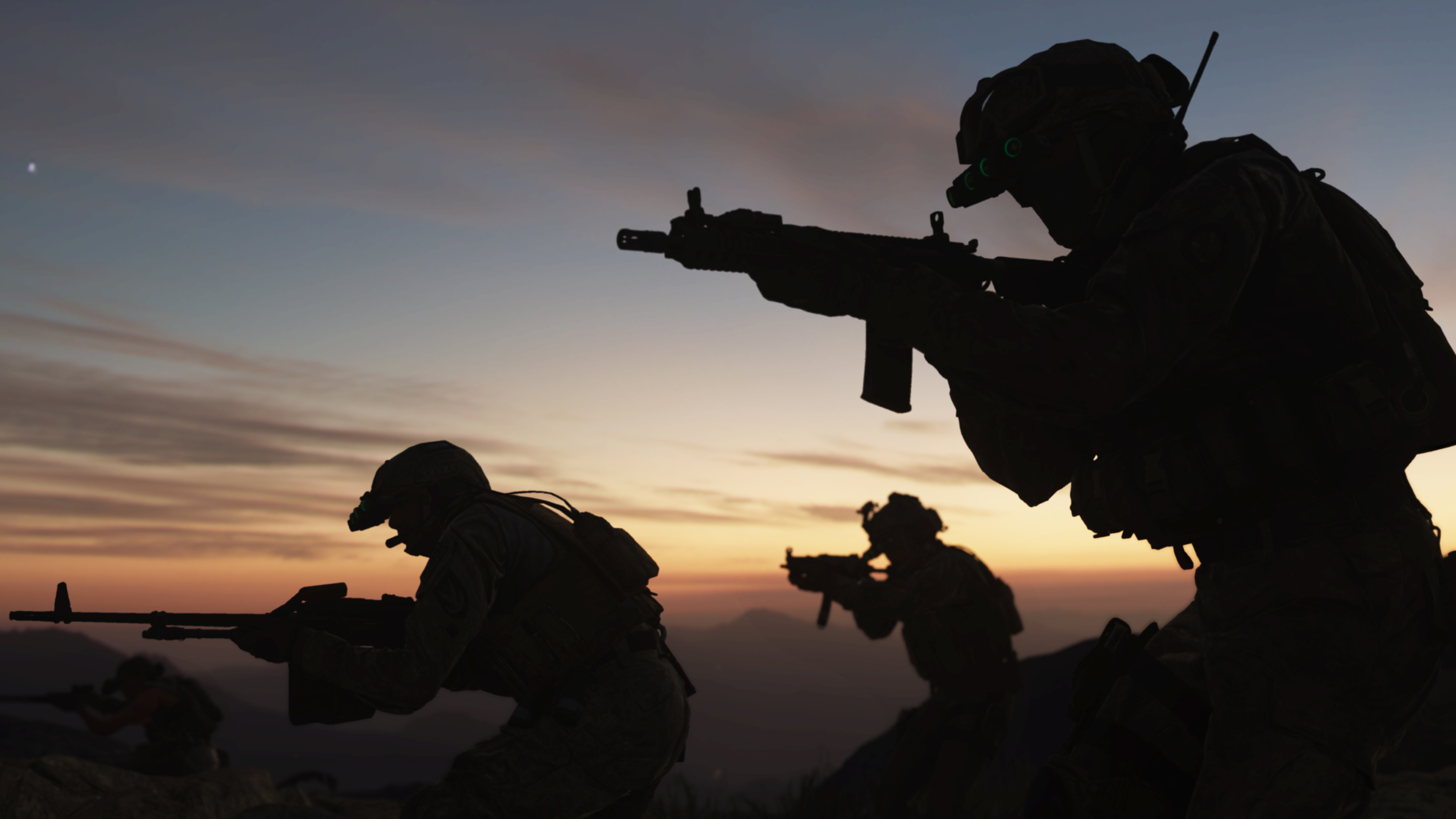 Call of Duty Modern Warfare screenshot, soldiers moving with guns raised silhouetted against the sky