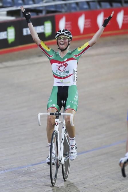 Macey Stewart celebrates her win in the U19 Points race.