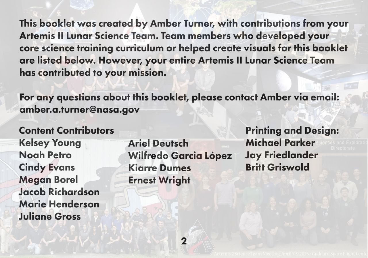 Artemis 2 Lunar Science Passport credits page.