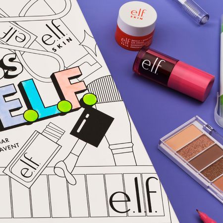 A photo of the e.l.f. 2026 Advent calendar and makeup and skincare products