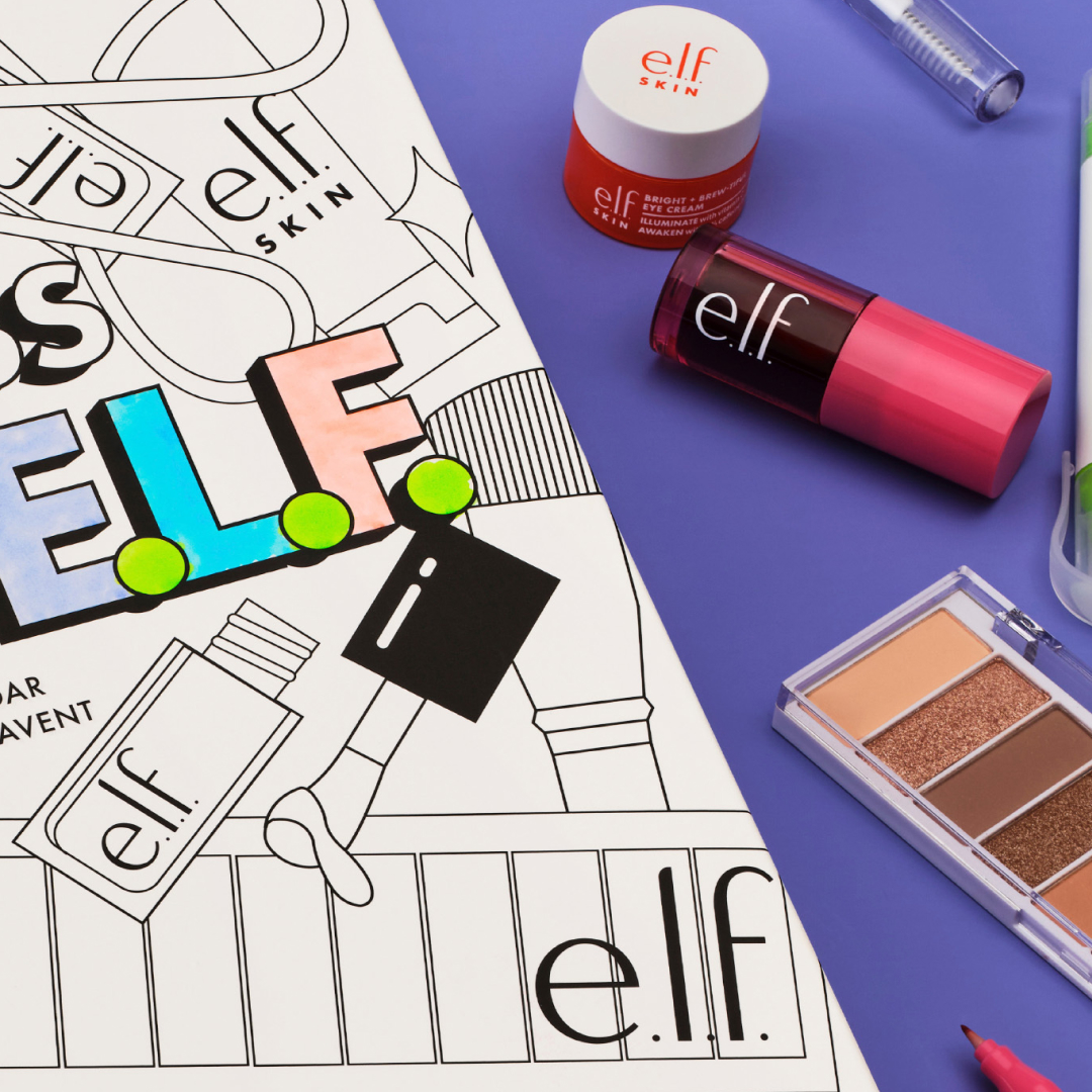 A photo of the e.l.f. 2026 Advent calendar and makeup and skincare products
