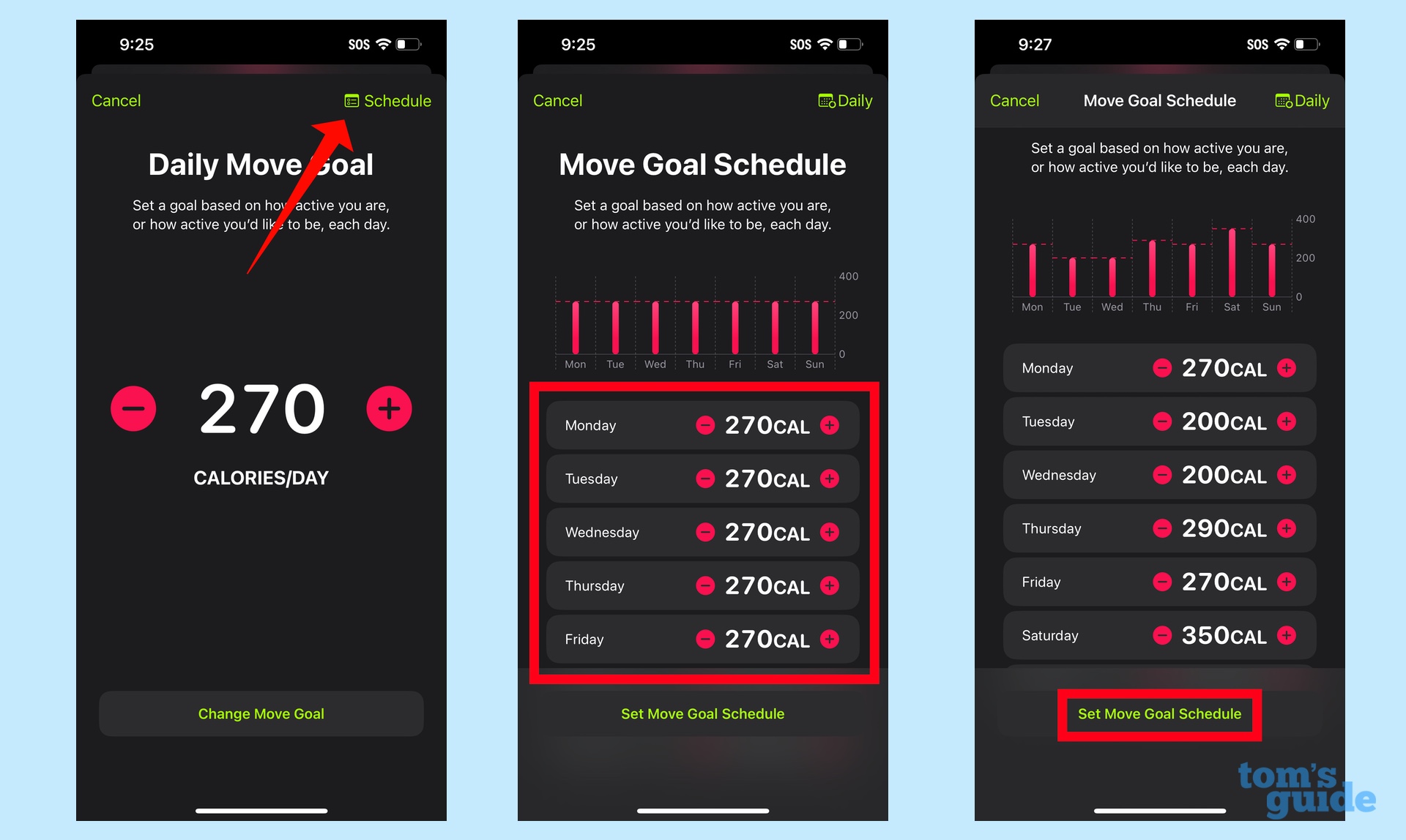 adjust move goal for each day of the week in Fitness app