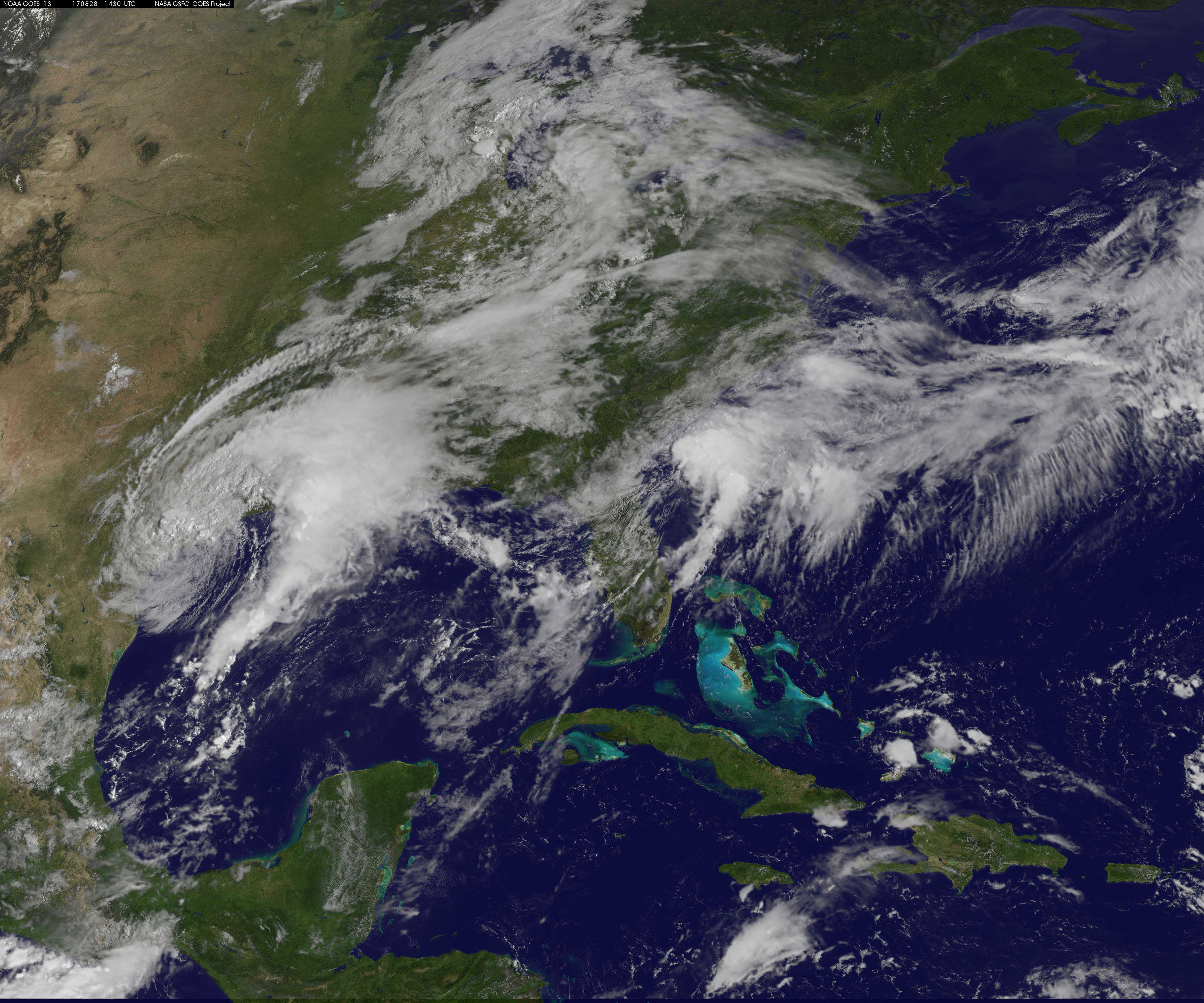 Tropical Storm Harvey is seen early Aug. 28, 2017 as it moves back toward the Gulf of Mexico in this NASA image from the GOES Earth-observation satellites. 