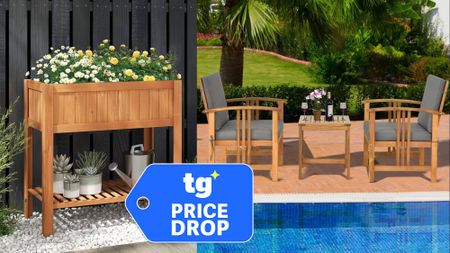 Compilation showing a Costway garden planter and a Costway patio table and chairs set