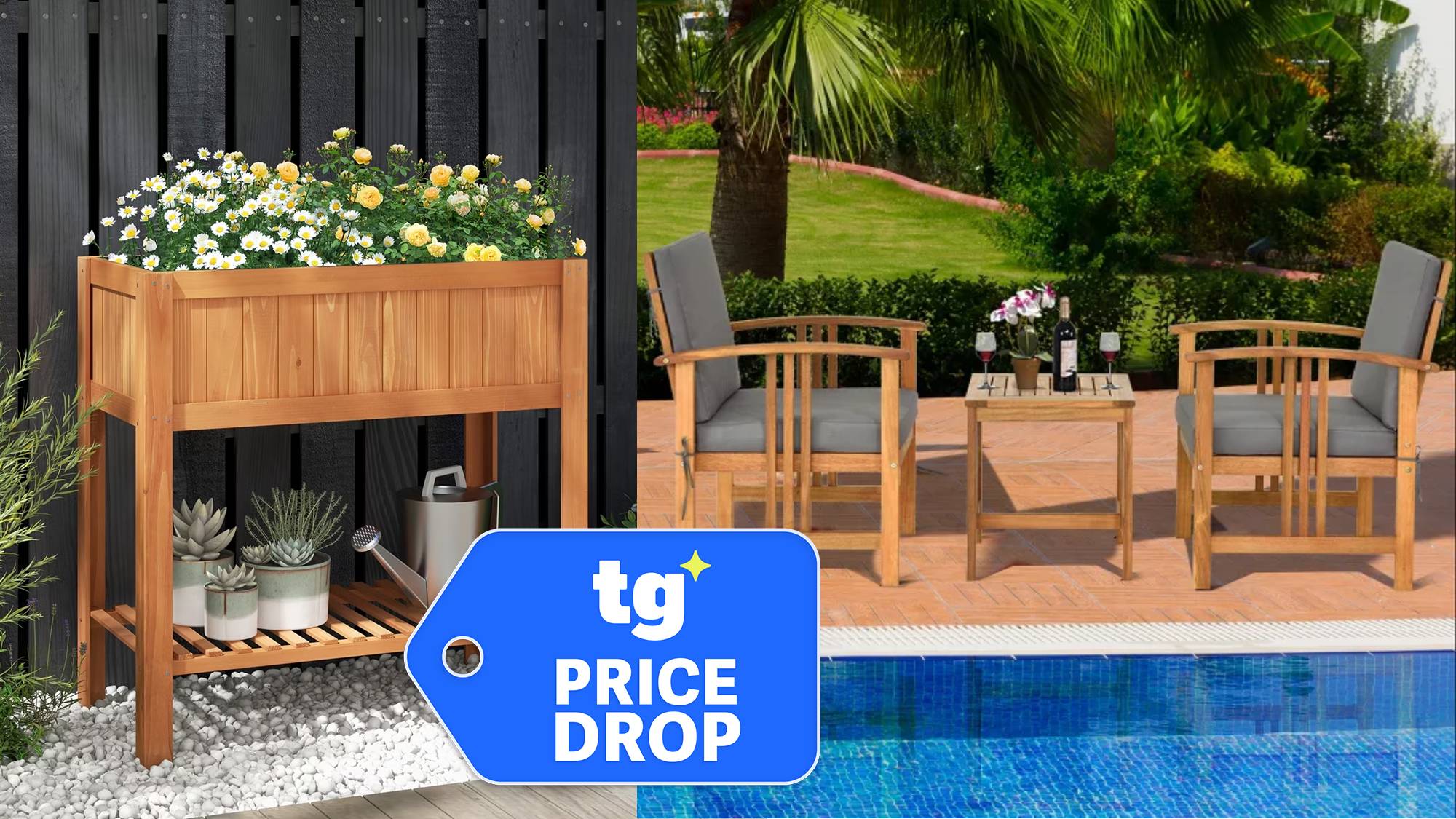Compilation showing a Costway garden planter and a Costway patio table and chairs set