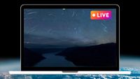 laptop graphic with a meteor shower on the screen and "live" in the top right corner. The background is a view of Earth from space.