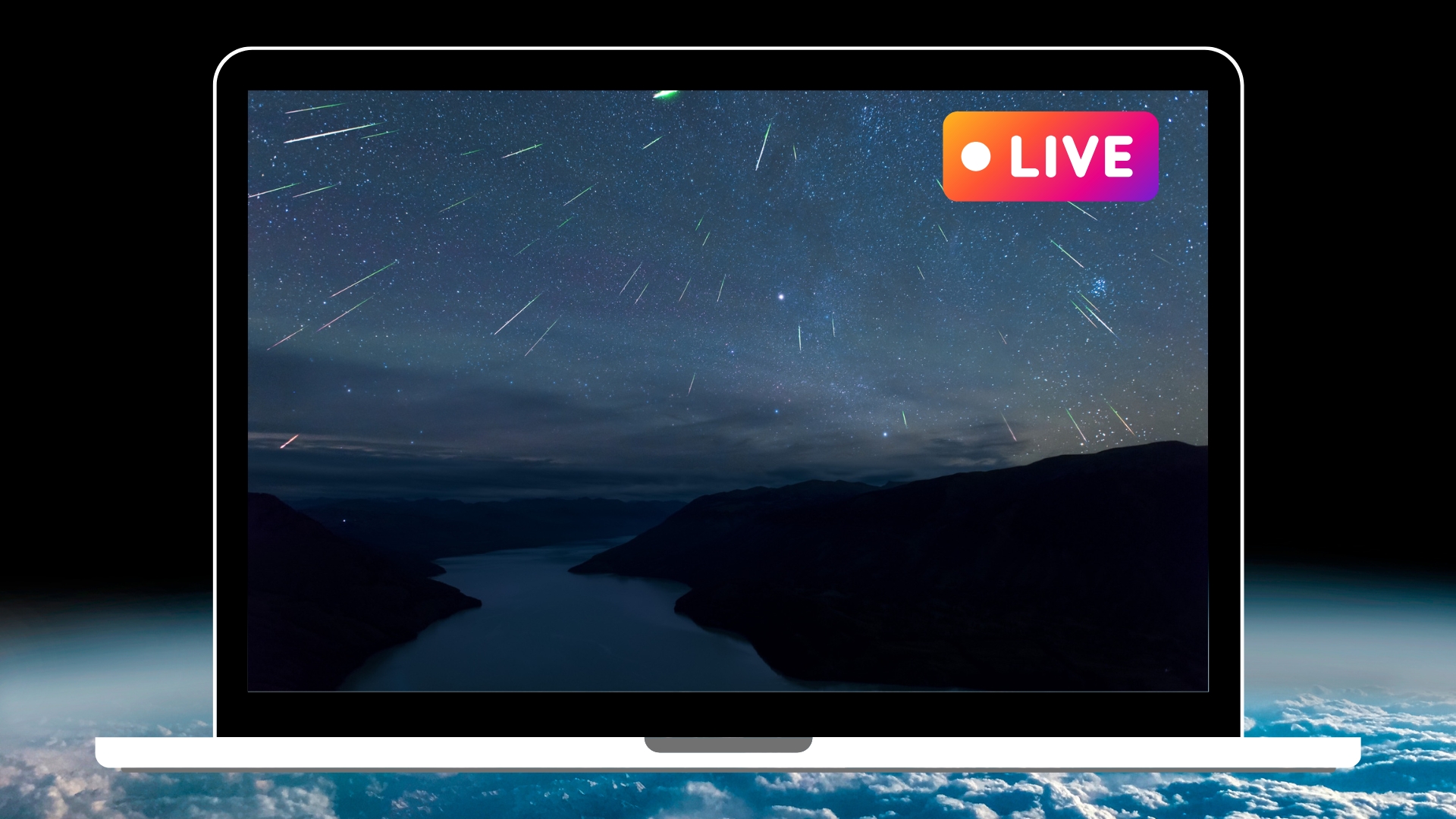 laptop graphic with a meteor shower on the screen and "live" in the top right corner. The background is a view of Earth from space.