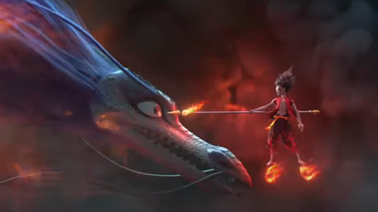 Ne Zha battling a dragon in Ne Zha