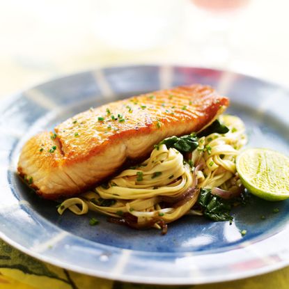 Seared Salmon with Spinach and Soy Stir-Fried Noodles recipe-recipe ideas-new recipes-woman and home