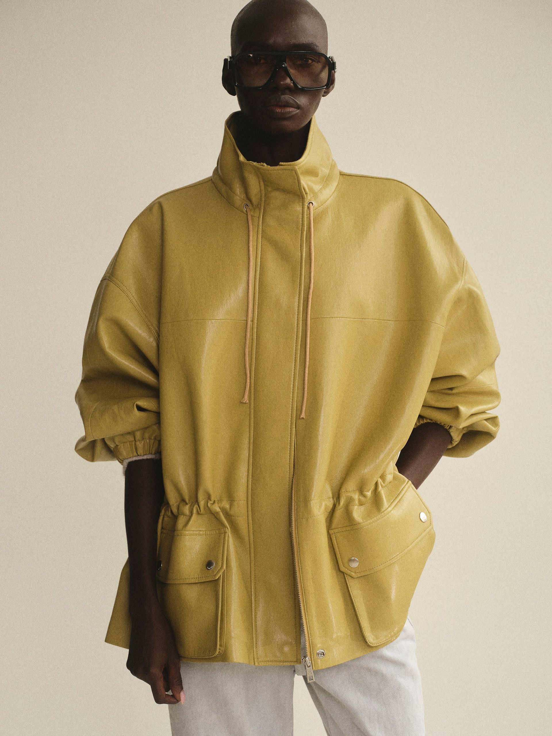 Faux-Leather Short Parka, Olive
