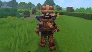 Best Hytale mods: A character holding a pickaxe and looking over their shoulder as a bear approaches in the distance.