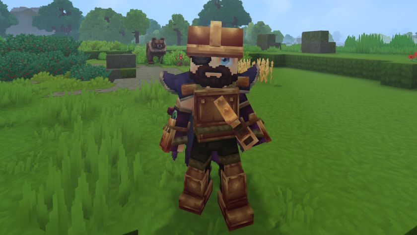 Best Hytale mods: A character holding a pickaxe and looking over their shoulder as a bear approaches in the distance.