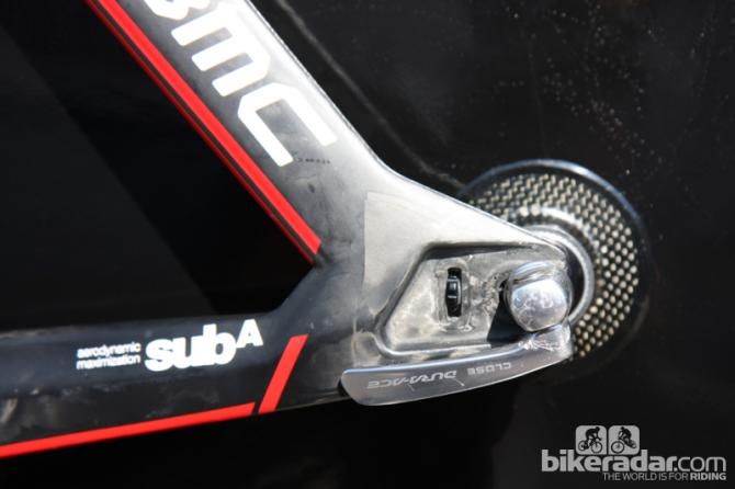The BMC Time Machine features a dial on the rear drop out to precision-set the rear wheel